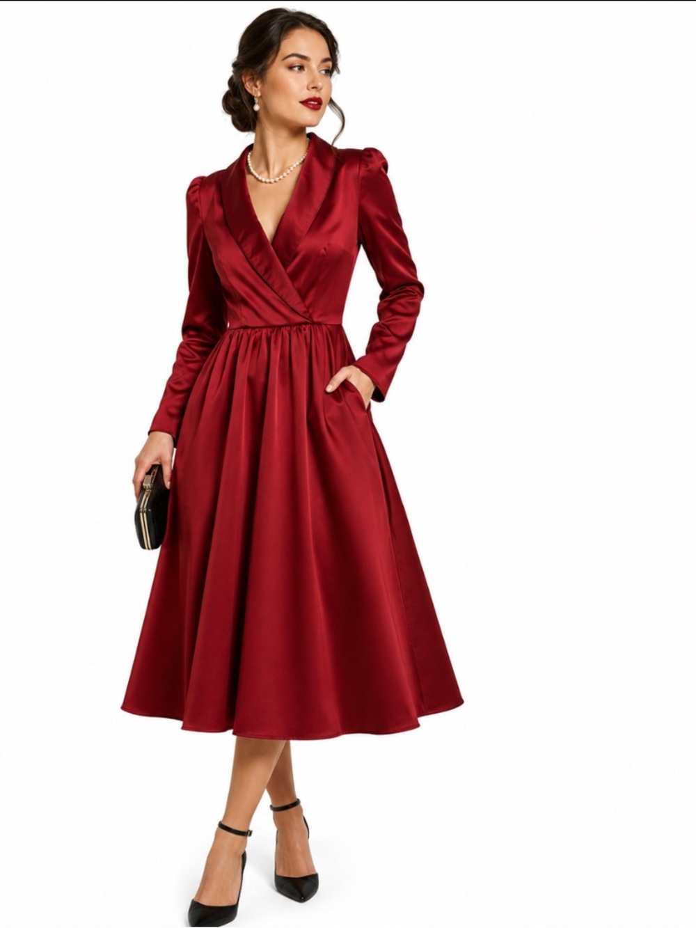 Clocolor Burgundy Red Surplice Neck Romantic Long Sleeve Midi Dress Size XL